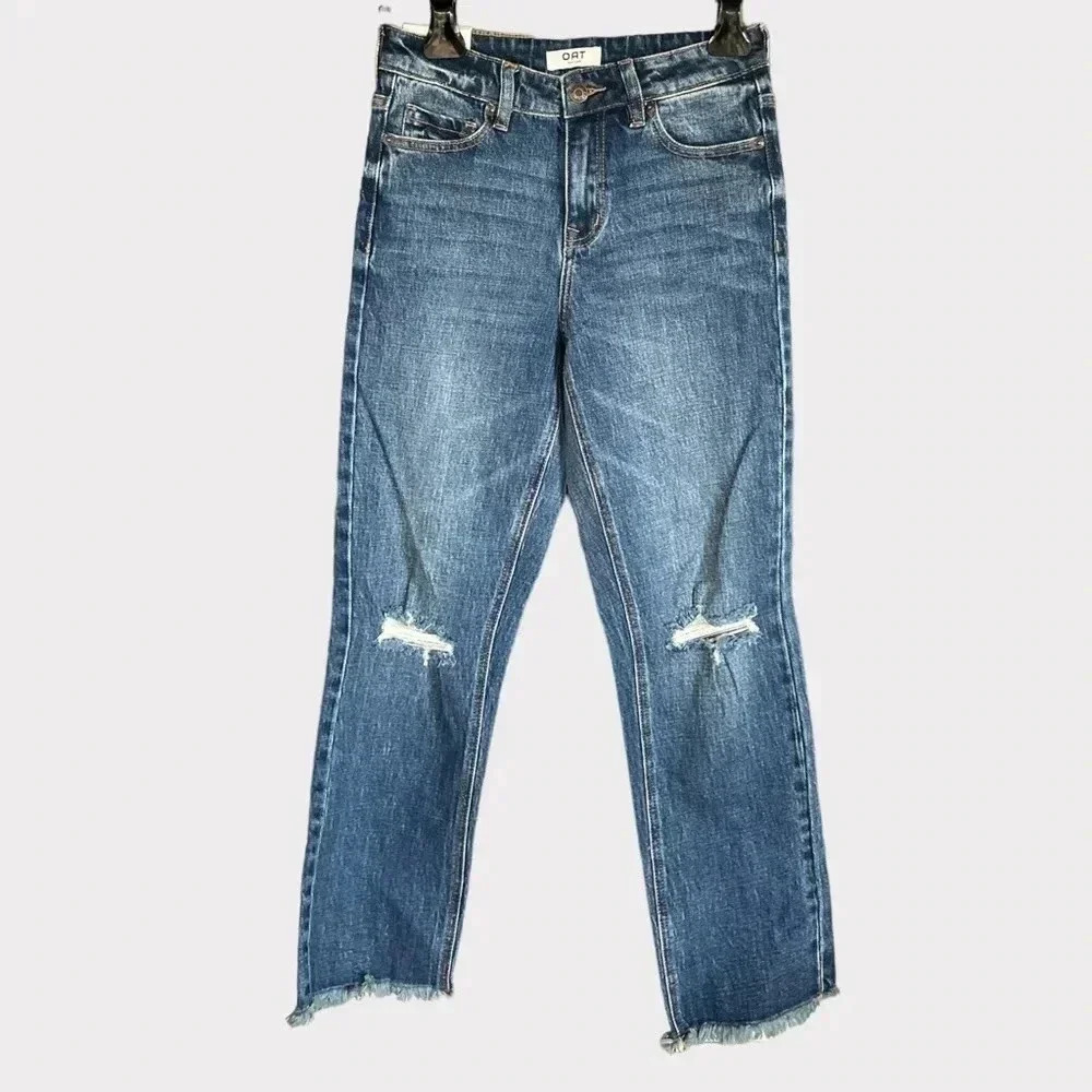 OAT NY Women's 25 High Rise Relaxed Fit Straight Distressed Jeans Denim